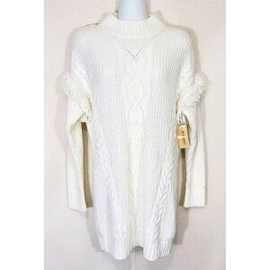 American Rag Cie Sweater XS Ivory Tunic Cutout Back Fringe Mock Neck Shaker